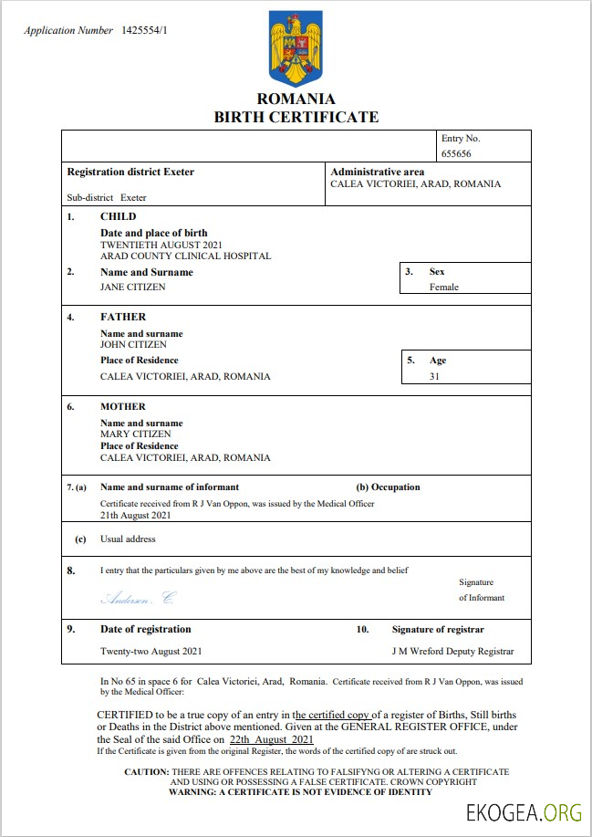 Modèle Word et PDF d'acte de naissance en Roumanie